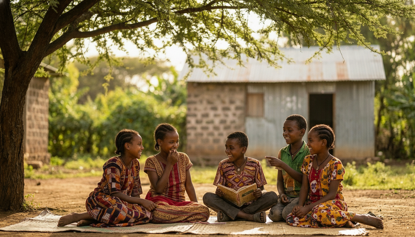 Ethiopian children learning and laughing together under an acacia tree
